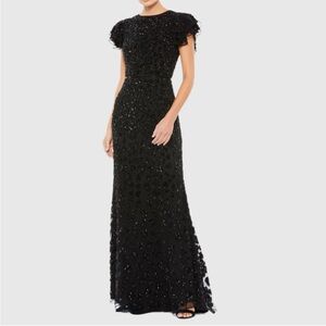 Mac Duggal Black High Neck Flutter Cap Sleeve Gown